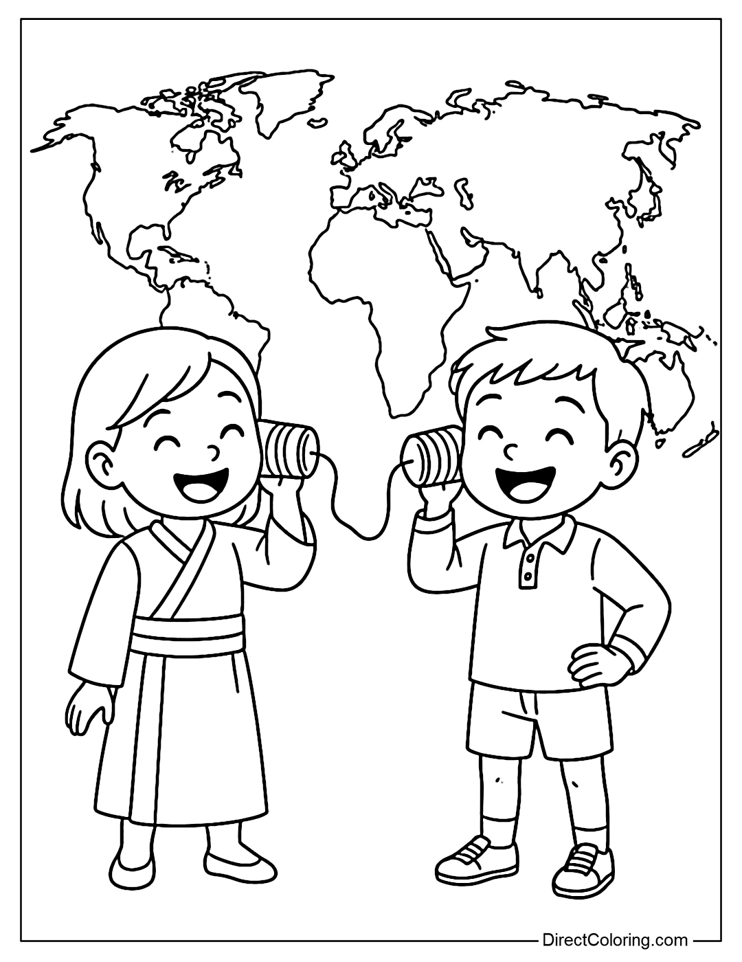 A coloring page of two children using a homemade stethoscope to connect two countries on a map, both smiling.